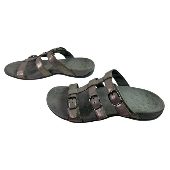 Vionic Women's 8 Pewter Gray Leather Strappy Slide On Comfort Sandals Walking - Picture 2 of 10